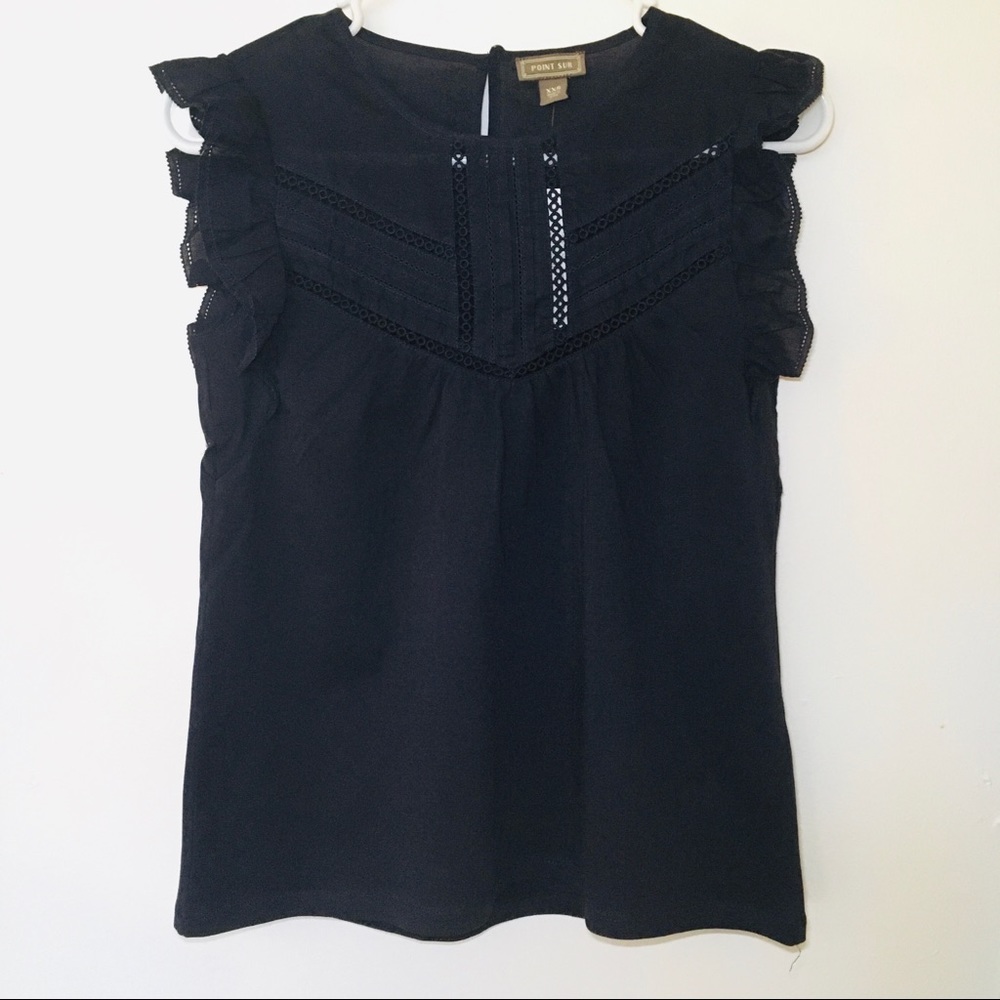 JCrew Point Sur Eyelet Flutter Sleeve Navy Top